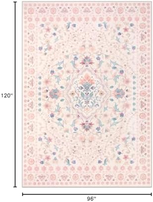 Wonnitar Boho Floral 8x10 Pink Area Rug, Washable Kids Rugs for Bedroom, Large Ultra-Thin Soft Non Slip Carpet for Nursery Living Room Playroom Classroom, Pastel Pink - Image 2