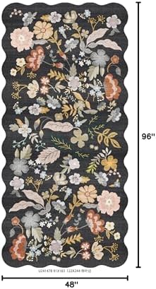 Boho Floral 4x8 Scalloped Rug: Washable Non-Slip Hallway Runner Rug Black - Image 2