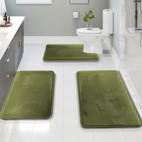 Clara Clark 3 Piece Bathroom Rugs Bath Mat Set, Velvet Memory Foam Bath Mats for Bathroom - Non-Slip, PVC Backing Bath Rugs, Washable - Dries Quickly, Green by ClaraClark