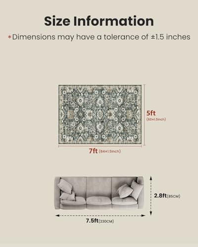 Amada 5x7 Washable Area Rug for Living Room, Green/Brown, Vintage Pattern - Image 2
