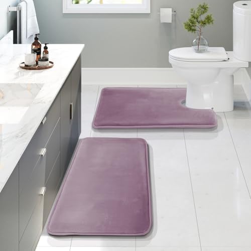 Clara Clark 2 Piece Bathroom Rugs, Velvet Memory Foam Bath Mat Set, Non-Slip Bath Rugs, Machine Wash, Dries Quickly, Ultra Soft Plush Bath Mats for Bathroom, 17 x 24 + Contour, Dusty Purple by ClaraClark