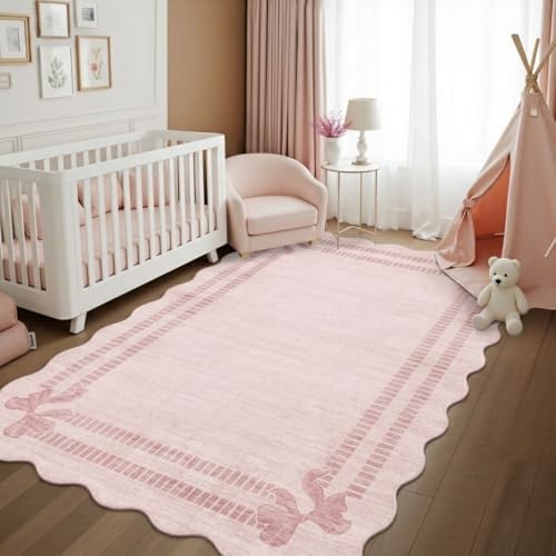 Girls Bedroom 5x7 Pink Rug, Scalloped Bow Area Rugs Living Room - Image 4