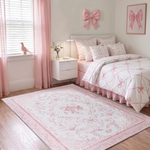 Pink Vintage Floral Nursery Rug Girl 5x7, Bow Room Decor Baby Toddler Rug for Girls Room, Light Pink Cutecore Kawaii Kids Playroom Rug for Little Girls Bedroom, Alfombra para Bebes - Image 2