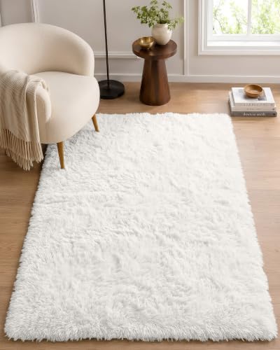 OLANLY 3x4 Machine Washable Accent Rug, Soft Fluffy Shaggy Area Rug for Bedroom, Living Room, Indoor Floor Carpet for Kids, Nursery, Home Decor, White by OLANLY