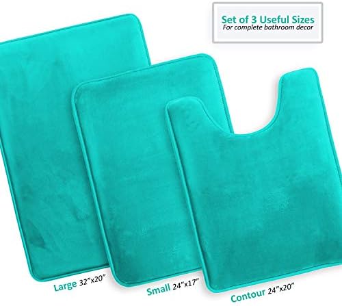 Clara Clark 3 Piece Bathroom Rugs Bath Mat Set, Velvet Memory Foam Bath Mats for Bathroom - Non-Slip, PVC Backing Bath Rugs, Washable - Dries Quickly, Teal - Image 3