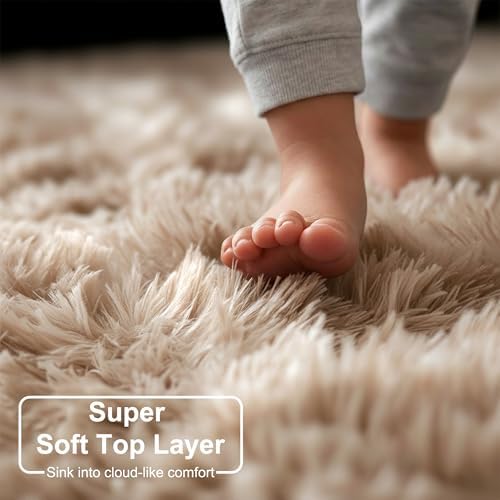 Amdrebio Beige Tan Furry Plush Area Rug 5x7 for Bedroom Living Room Nursery - Image 4