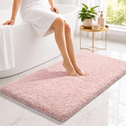 Yimobra Long Bathroom Rug 44x24, Fluffy Non Slip Bath Mat, Light Pink&White by Yimobra