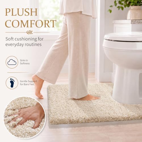 Yimobra Toilet Rugs U Shaped 24X20, Ultra Soft and Water Absorbent Bath Mats, Non Slip Fluffy Luxury Microfiber Contour Bath Rugs for Toilet, Dry Quick, Machine Washable, Light Beige and White - Image 4