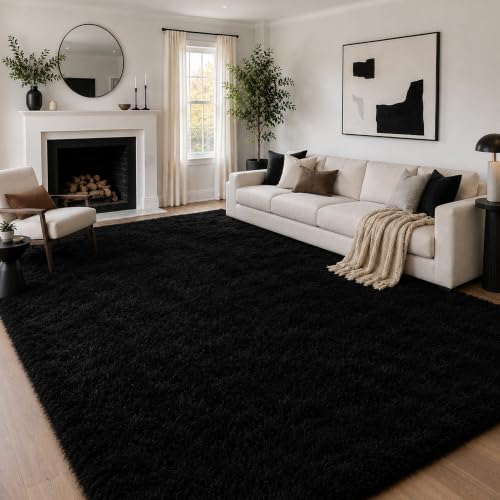 8x10 Ft Black Fluffy Area Rug for Living Room, Soft Washable Carpet by OHWPEAT