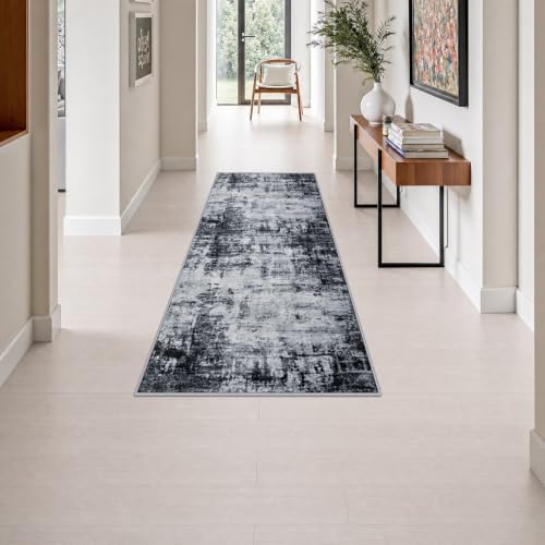 2x5 Washable Runner Rug：Modern Abstract Soft Carpet Dark Black by FXRHLP