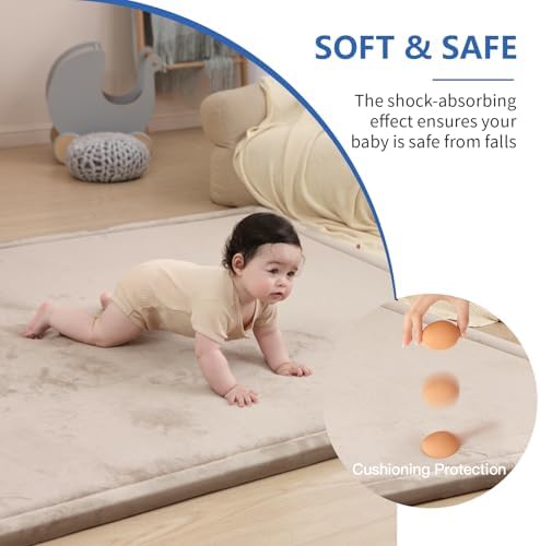 Ultra Soft Baby Play Mat for Floor, 1.3" Thick Elasti-Foam 65x50 Play Mat for Playpen,Water-Repellent Coral Velvet for Tummy Time, Non-Slip Backing,Safe for Toddlers & Infants（Beige） - Image 3