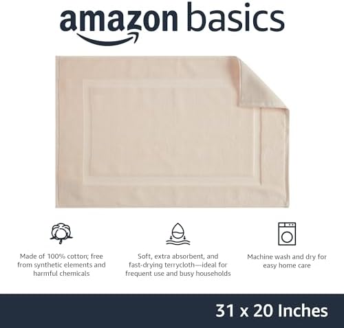 Amazon Basics Banded Bathroom Bath Rug Mat, Machine Washable, Super Absorbent, 100% Cotton, 20" W x 31" L, Cream - Image 3