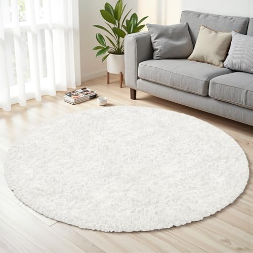 White Round Fluffy Rug 6ft Plush Fuzzy Shaggy Carpet - Image 2