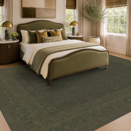 Olive Green Vintage Washable 8x10 Area Rug for Living Room, Non-Slip Distressed Rug for Bedroom & Dining Room, Low Pile Stain Resistant Floor Carpet, Modern Farmhouse Décor - Image 3