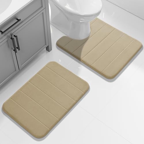 Yimobra Memory Foam Toilet Bath Mat U-Shaped, Soft and Comfortable, Super Water Absorption, Non-Slip, Thick, Machine Wash and Easier to Dry for Bathroom Commode Contour Rug, 24 X 20, Light Tan - Image 2