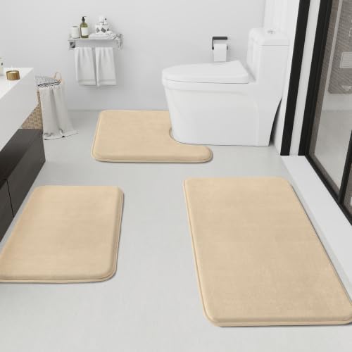 HUXMEYSON Bathroom Rugs Sets 3 Piece, Non-Slip & Quick Dry Bath Mat Set, Ultra Soft Velvet Bath Rugs for Bathroom, Toilet and Shower Floor, Light Coffee by HUXMEYSON