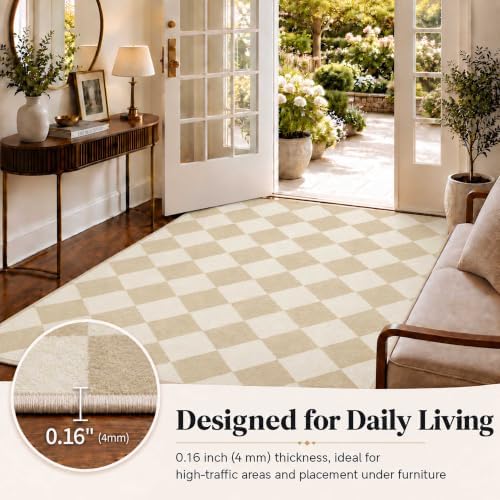 4x6 Checkered Area Rug for Living Room, Soft Low Pile Oat Rugs - Image 6
