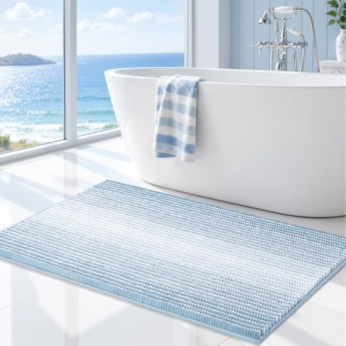 BSICPRO Large Chenille Bathroom Rugs, 24x36 Striped Bath Mats, Ice Blue by BSICPRO
