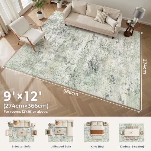 DMOYEST Area Rug Living Room Rugs - 9x12 Large Soft Indoor Neutral Modern Abstract Low Pile Washable Rug Carpet for Bedroom Dining Room Farmhouse Home Office - Green/Grey/Yellow - Image 2