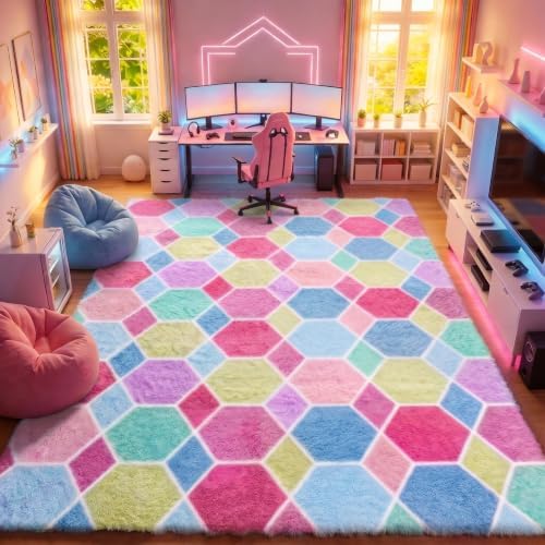Checkered Pink Rainbow Area Rugs, Fluffy 5x8 Geometric Rug for Girl Bedroom - Image 3