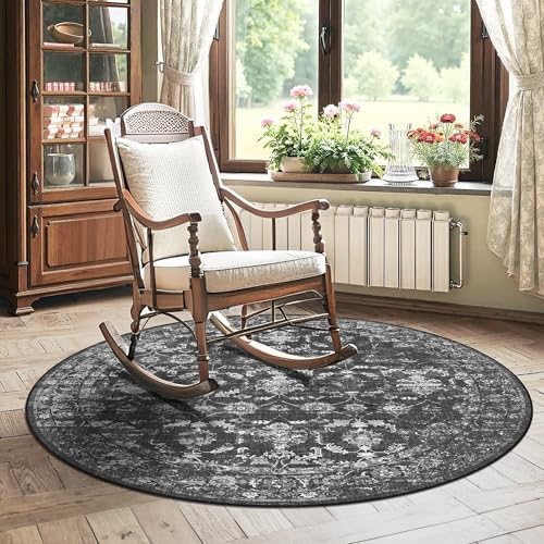 5ft Round Washable Office Rug Non-Slip Vintage Black Throw Carpet - Image 4