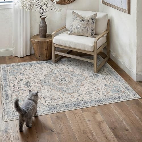 PureCozy Blue Area Rug 4x6 Living Room Vintage Floral Non-Slip Carpet - Image 2