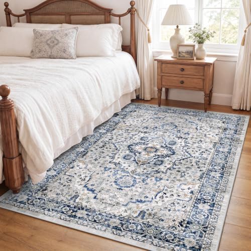 SameBed 5x7 Area Rug Living Room, Vintage Washable Carpet Grey Blue - Image 3