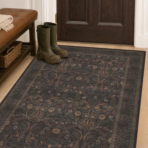 Washable 4x6 Brown Rugs for Entryway, Rustic Carpet for Living Room Office, Bedroom, Large Entryway, Funky Dark Academia Rug with Botanical Design by Evyhood
