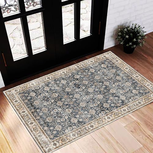 CHAMPLANT Washable Area Rug 2'x3' Door Mat Vintage Distressed Doormat Indoor Entrance Traditional Thin Rug Floral Print Non Slip Carpet for Kitchen Bathroom Bedroom Living Room by CHAMPLANT