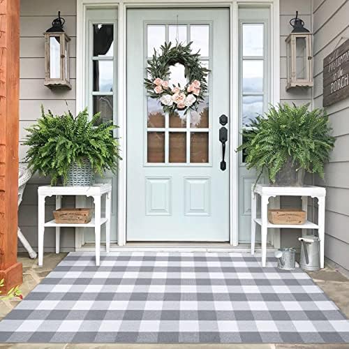 IOHOUZE 4x6 Buffalo Plaid Outdoor Rug, Washable Front Porch, Grey White by iOhouze
