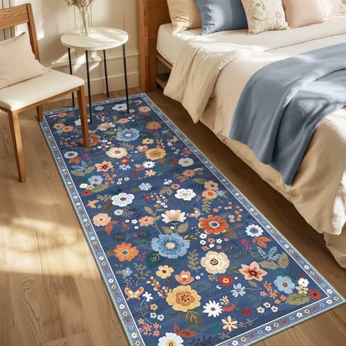 Floral Washable 2x10 Area Rugs Runner Entryway Hallway Blue/Grey - Image 6