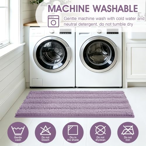 ACCUMTEK Striped Lavender Bathroom Rug Mat Set 2 piece 32"x20"+60"x20" Ultra Soft, Non Slip Chenille Bath Rugs, Absorbent Plush Shaggy Bath Mats for Bathroom, Bedroom, Kitchen, Shower, Tub - Image 6