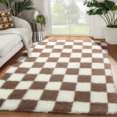 KICMOR 4x6 Brown and Cream White Area Rugs for Bedroom, Fluffy Shag Shaggy Fuzzy Checkered Living Room Rug, Soft and Comfy Bedside Carpet, Furry Plush Rug for Kids Room Nursery Home Decor Aesthetic by KICMOR