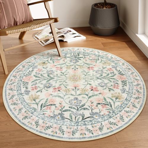 Lahome Sylvie Round Boho Floral Rugs 4ft, Cream Washable Circle Rugs for Bedroom Nursery, Vintage Beige Circular Carpet, Soft Non-Slip Carpet for Kids Room Playroom Calm Corner, Beige by Lahome