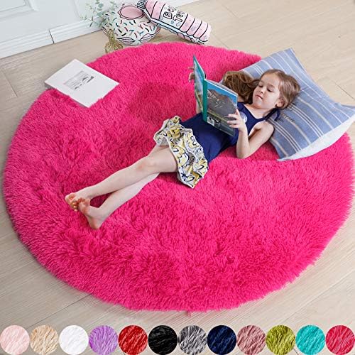 Amdrebio Hot Pink Fluffy Round Rug 4Ft for Girls Bedroom Kids Room Nursery by Amdrebio