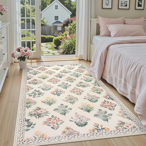 Wonnitar Floral Machine Washable 3x5 Rug, Small Area Rug for Kids Bedroom Nursery, Ultra-Thin Non Slip Soft Moroccan Throw Carpet for Dorm Living Room Large Entryway, Cream Beige - Image 2