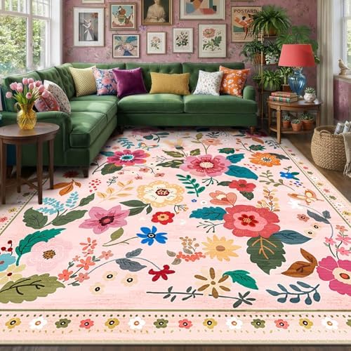 RELEANY Floral Washable 9x12 Area Rugs Pink by RELEANY