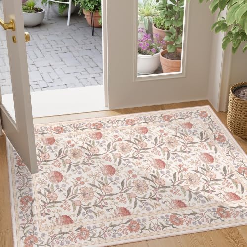 DUKINO 2x3 Rug, Washable Vintage Floral Bathroom Rugs Non Slip, Beige Pink by DUKINO