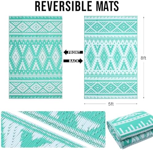 OLANLY Outdoor Rug 5x8 ft Waterproof Reversible Boho Mat, Turquoise & White - Image 2
