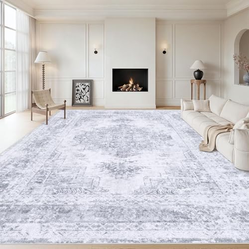 XLUEZ Area Rug 10x12 Living Room Rugs, Machine Washable Vintage Distressed Medallion Rug Non-Slip Soft Low Pile Large Indoor Rugs for Bedroom Kitchen Dining Room Office(Light Grey,10'x12') by XLUEZ