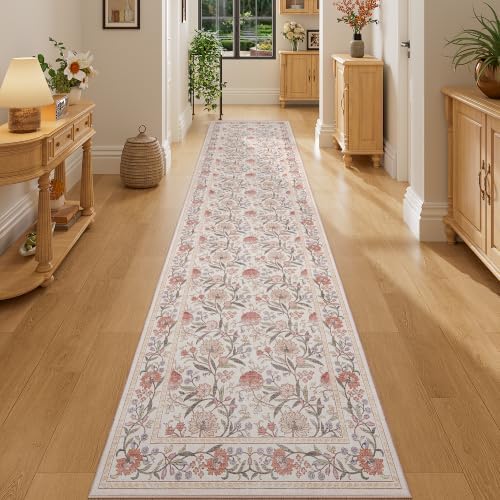 DUKINO 2x10 Runner Rug for Hallway, Washable Vintage Floral Rug, Beige Pink - Image 5