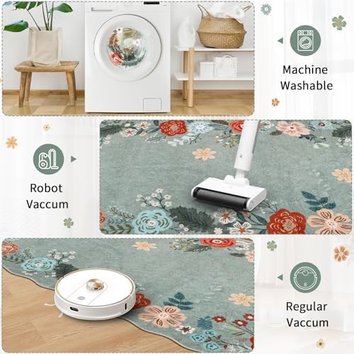 Green Runner Rug, 3x10 Washable Rug Runners for Hallways Non Slip, Low Pile Soft Boho Floral Carpet Runner for Hallway, Kitchen, Entryway, Laundry, Bedroom, Green - Image 3