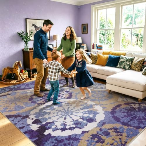 Large Boho Modern 8x10 Area Rug, Lavender Low-Pile Washable Abstract Rug - Image 2