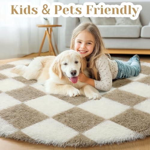 KICMOR Round Rugs 5ft for Bedroom Living Room, Fluffy Soft Circle Area Rug Fuzzy Shag Shaggy Carpet, Beige and Cream White Checkered Circular Rug for Kids Girls Boys Nursery Home Decor Aesthetic - Image 4