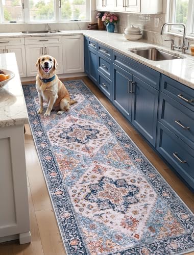 SERISSA 3x10 Washable Non Slip Boho Runner Rug for Hallway，Blue Orange by SERISSAHomeDecorCollection