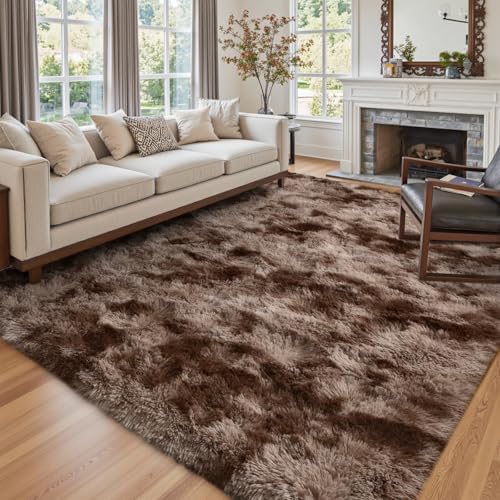 7x10 Ft Extra Large Shag Brown Area Rug for Living Room, Tie-Dyed Ultra Soft Fluffy Furry Rugs for Bedroom Indoor Floor, Aesthetic Carpet for Kids Home Decor (Coffee) by Cuzwlovita