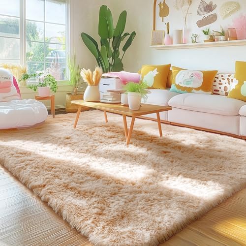 OLANLY 4x4 Machine Washable Accent Rug, Soft Fluffy Shaggy Area Rug for Bedroom, Living Room, Indoor Floor Carpet for Kids, Nursery, Home Decor, Beige by OLANLY