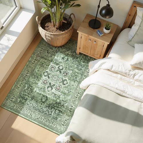 Sage Green Vintage 3x5 Entryway Rug, Vintage Farmhouse Boho Carpet - Image 3