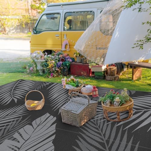 GENIMO Outdoor Rug, Waterproof Plastic Rugs 9'x18' for Camping Black Grey - Image 3