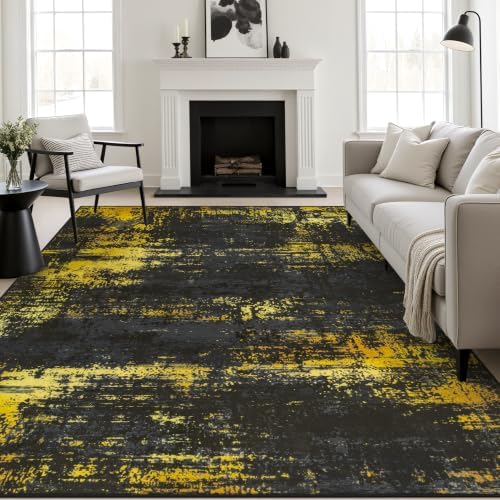 10x12 Area Rug Living Room: Modern Washable Soft Carpet Black Gold by FXRHLP